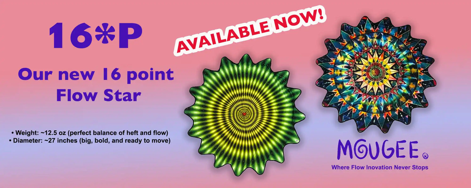 16-point flow star, vibrant green and yellow spiral design on a pink background.