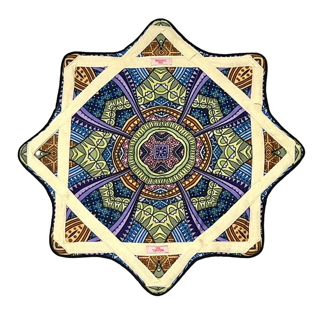 Star-shaped cushion with intricate mandala design, vibrant colors and soft fabric.