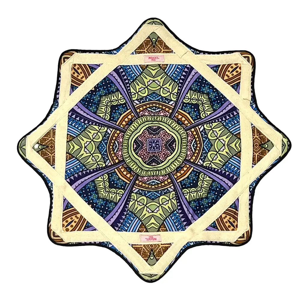 Star-shaped cushion with intricate mandala design, vibrant colors and soft fabric.