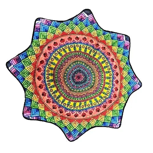 Rainbow mandala beach towel with starburst design, cotton material.