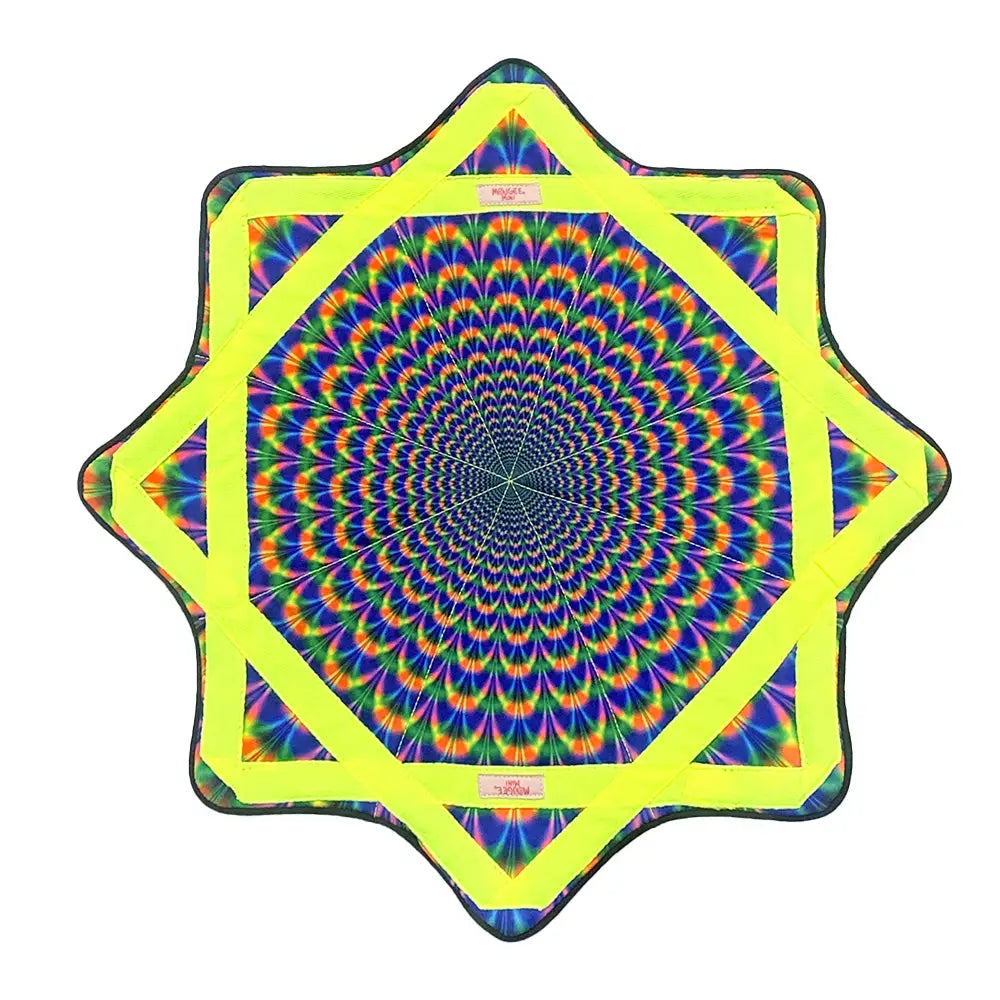 Neon yellow star-shaped pool float with rainbow spiral design and textured surface.