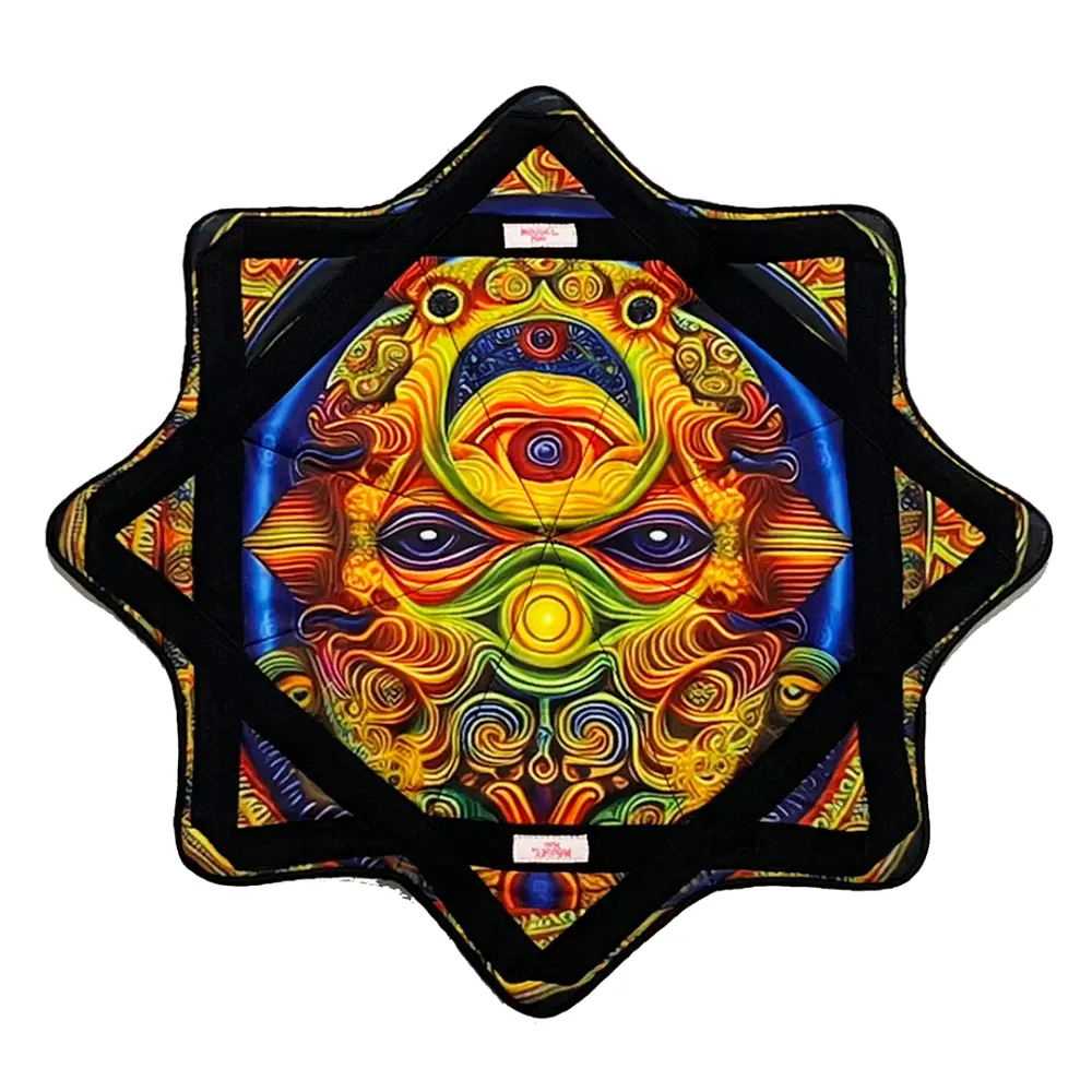 Star-shaped cushion with vibrant psychedelic design, black border and soft fabric.