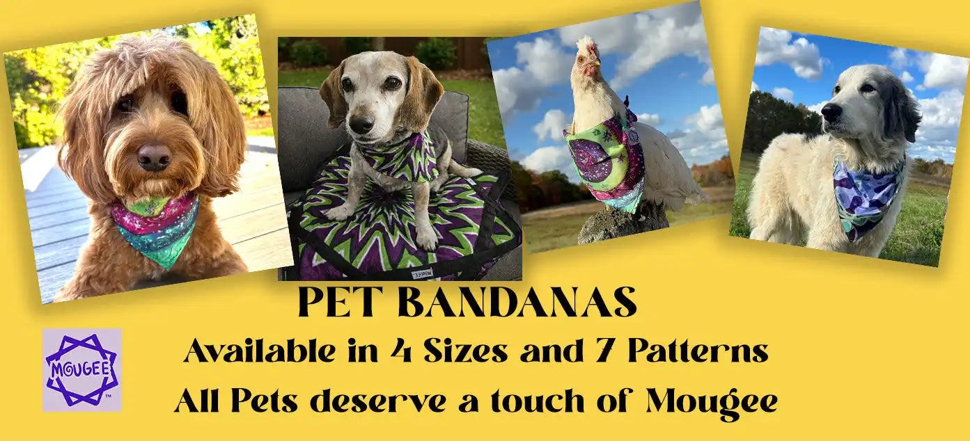 Pet bandanas with colorful patterns and designs, available in 4 sizes and 7 styles.