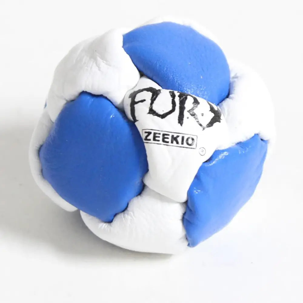 The Fury Footbag - Genuine Leather - 14 Panel Hand Stitched - Sand filled Hacky Sack - Blue and White - Footbags