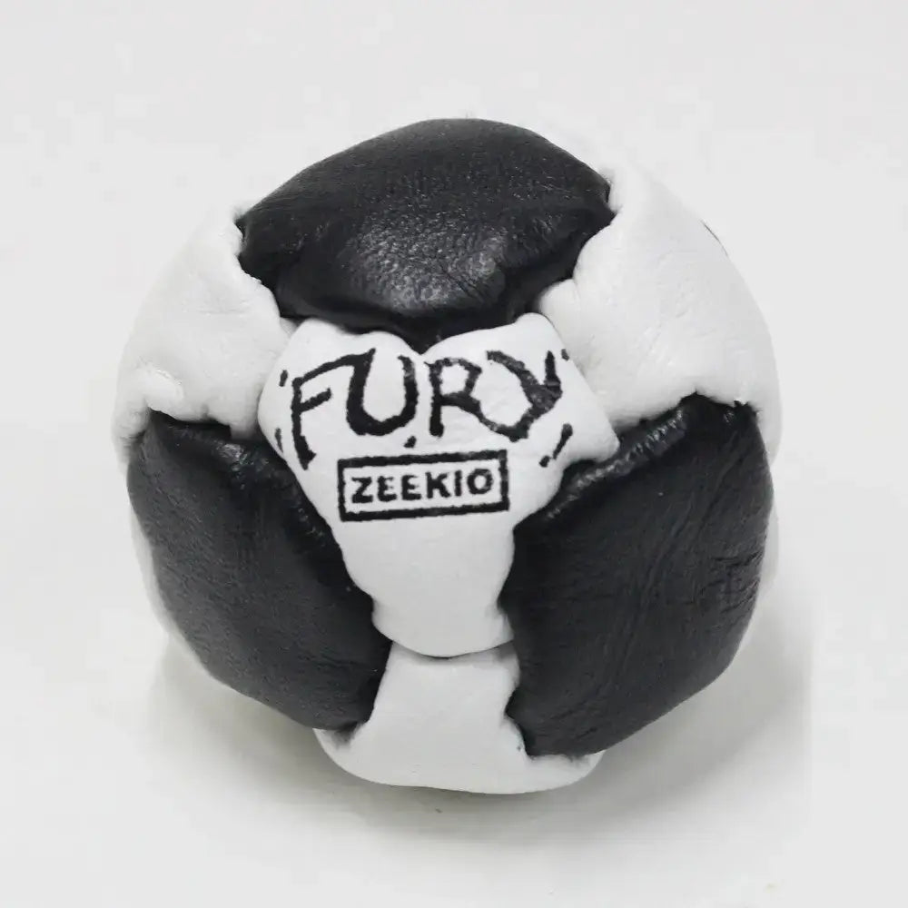 The Fury Footbag - Genuine Leather - 14 Panel Hand Stitched - Sand filled Hacky Sack - Black and White - Footbags