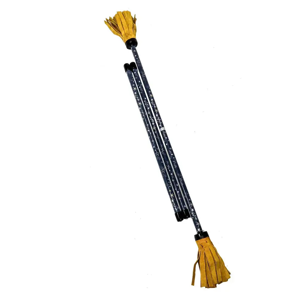Yellow feathered riding crop with black handle and leather tassel.