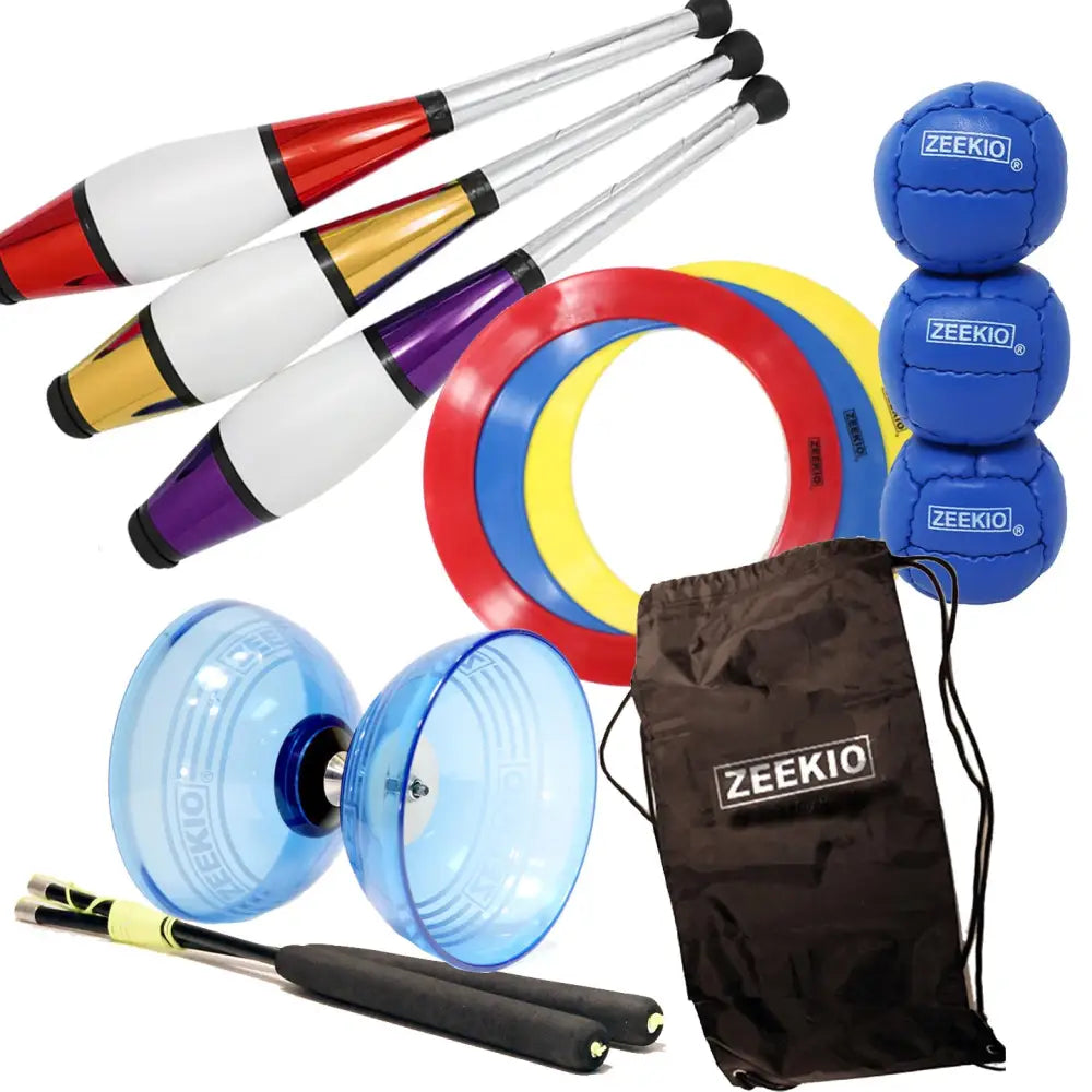 Zeekio Professional Juggling Kit - Including Clubs - Balls - Rings - Diabolo and Carry Bag