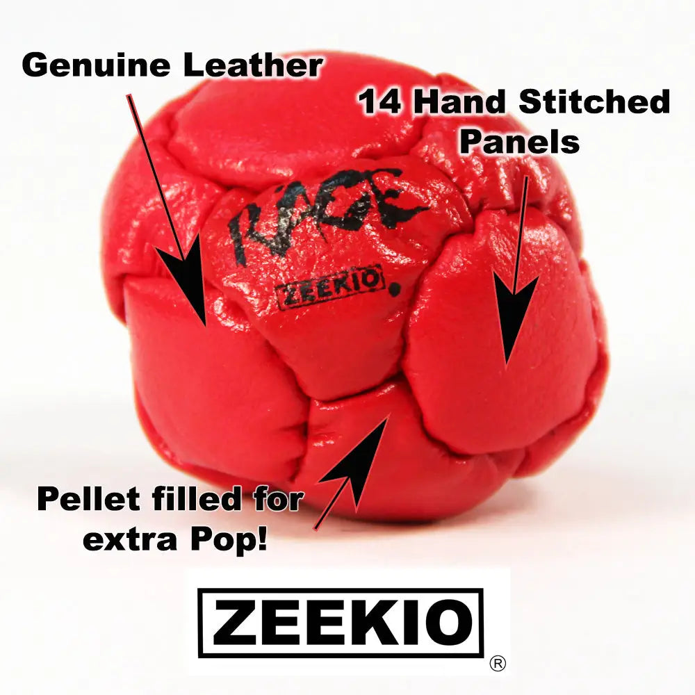 Red genuine leather soccer ball with 14 hand-stitched panels and a pellet-filled design for extra pop, branded ’zeekio’