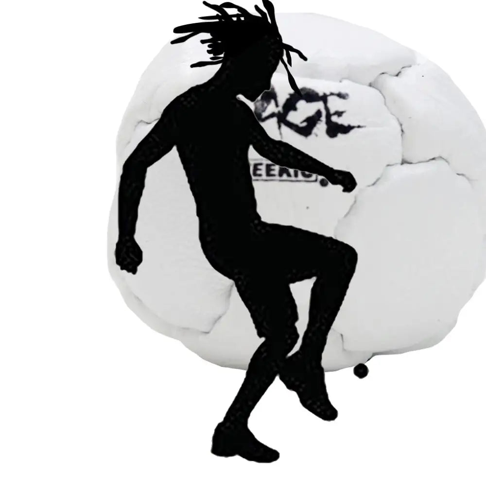 White soccer ball with black silhouette of player kicking it, ’soccer’ text on surface.