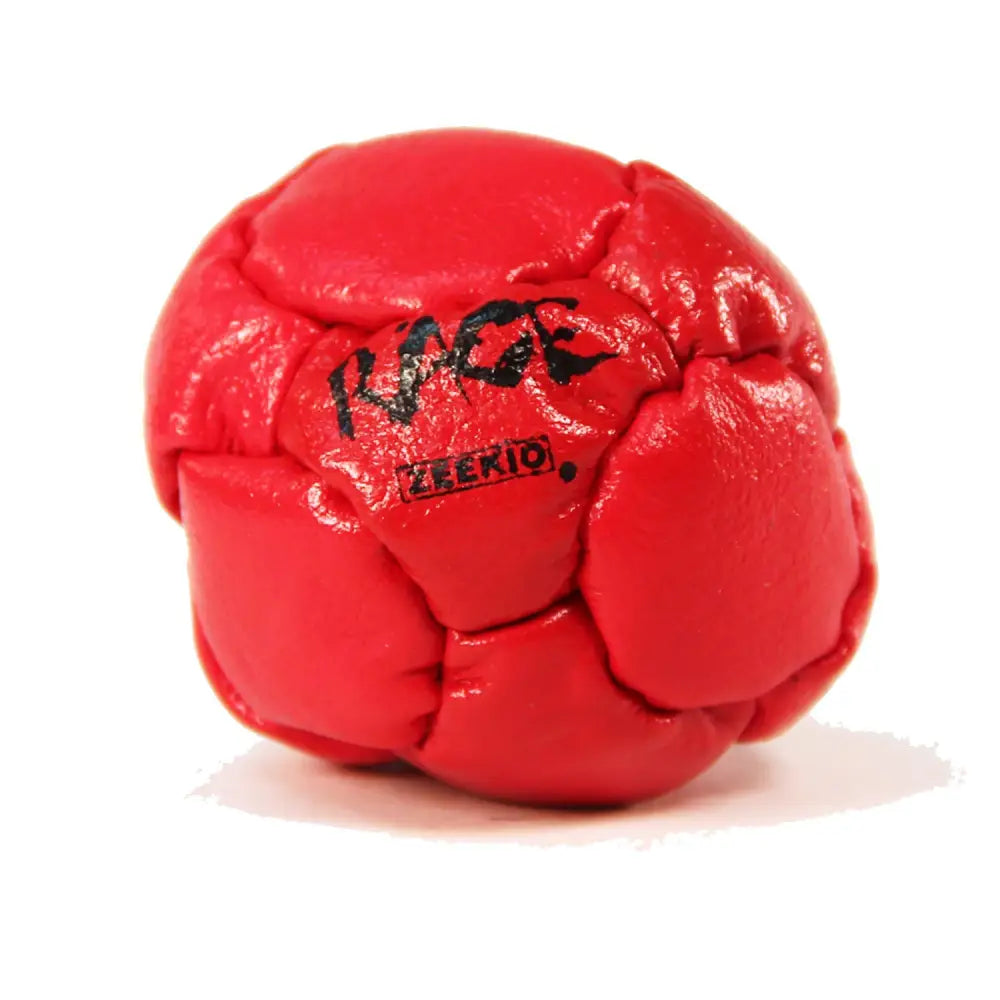 Red leather dog toy with ’rage’ and ’zekid.’ branding.