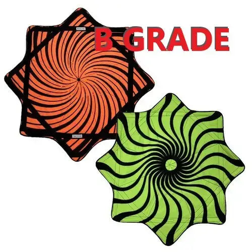 Orange and black kite with spiral design, nylon material.