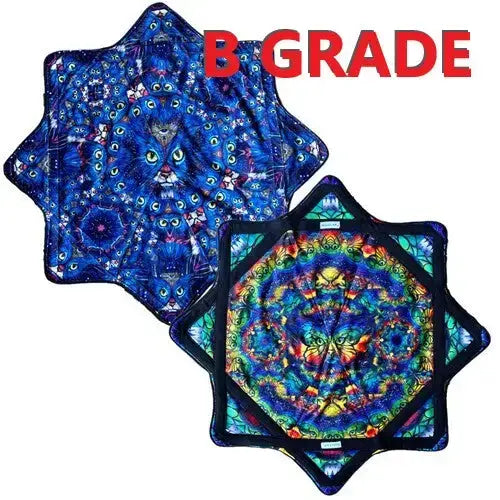 Blue peacock feather mandala tapestry throw blanket with vibrant rainbow accents and black border.