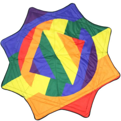 Rainbow-colored star-shaped quilted blanket with a vibrant, multicolored pattern and soft fabric texture.