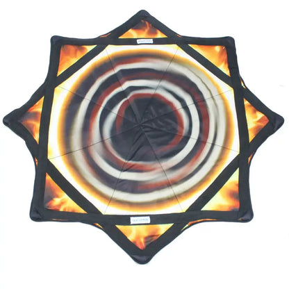 Star-shaped kite with fiery spiral design, black border and vibrant orange flames.