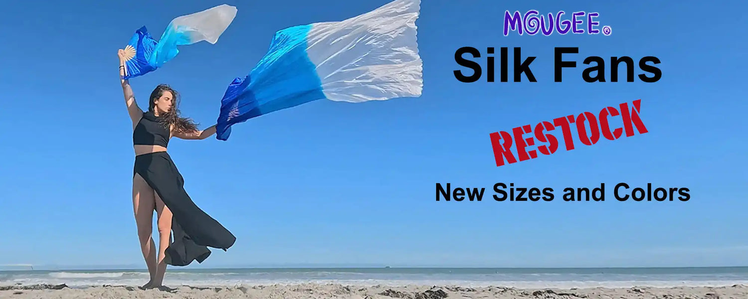 Blue and white silk fan with a black handle, designed for belly dancing.moogee silk fans restock new sizes and colors