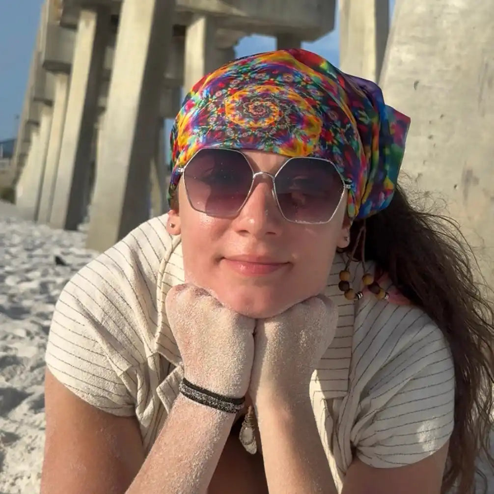 Floral bandana with colorful mandala design, cotton material.