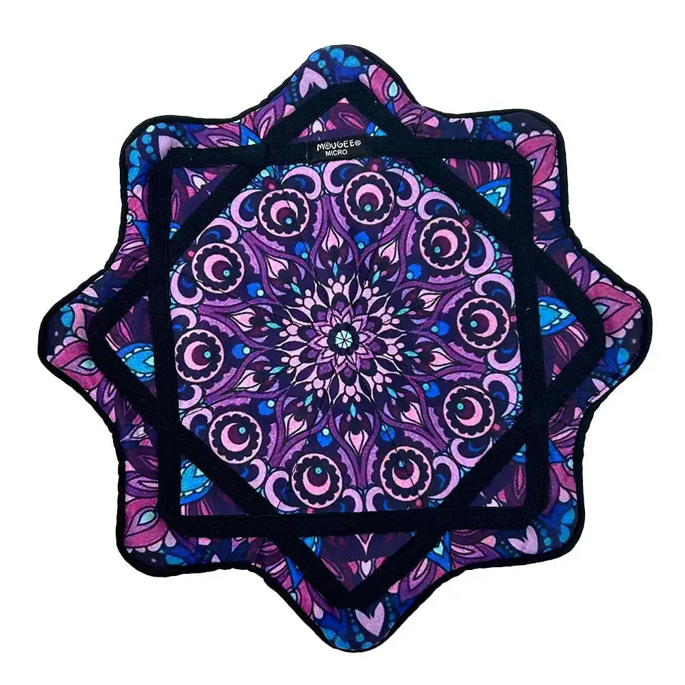 Purple mandala coaster set with black trim and intricate floral patterns.