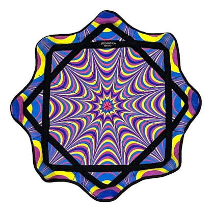Star-shaped yoga mat with vibrant psychedelic pattern and black trim.