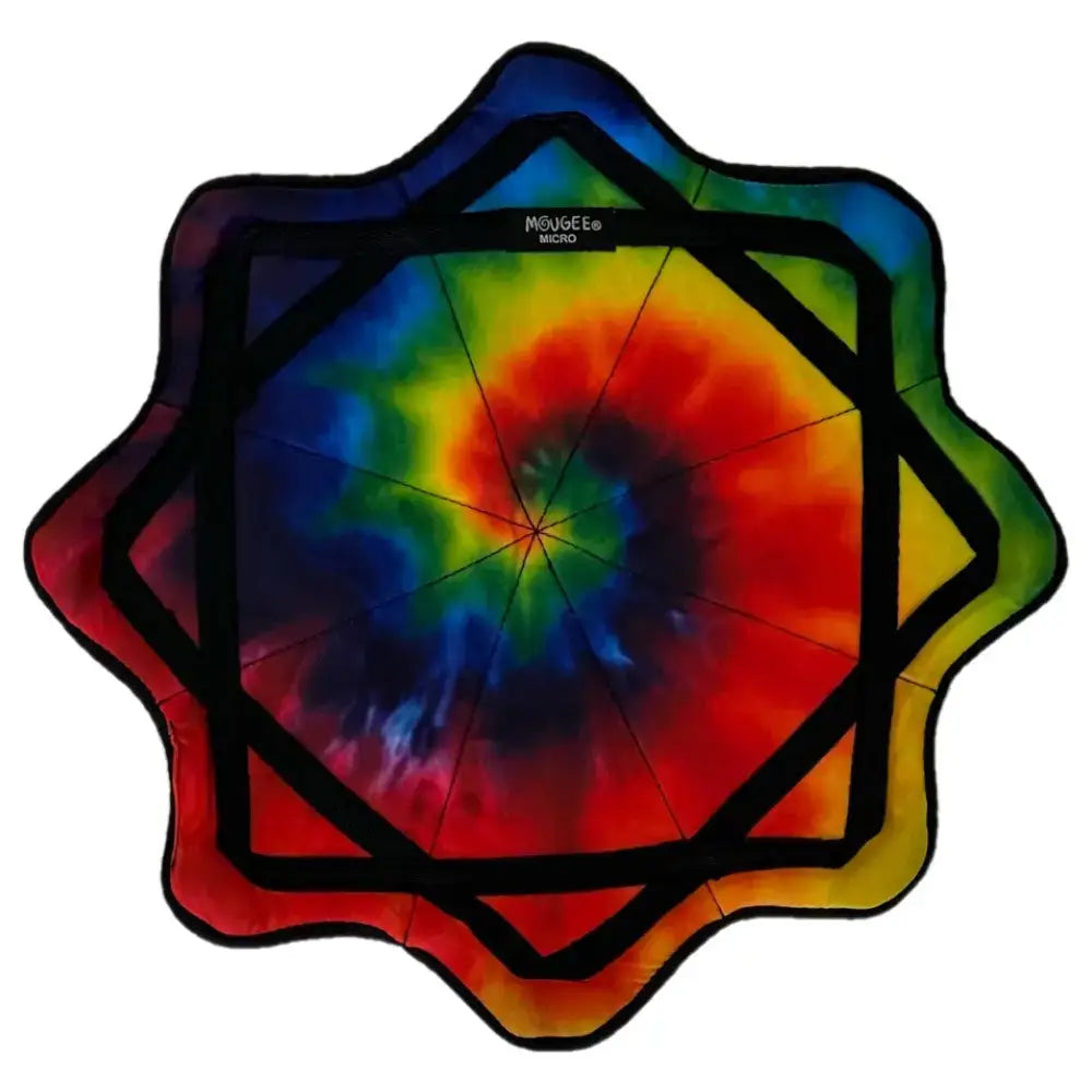 Tie-dye star-shaped beach towel with vibrant rainbow colors and black trim.