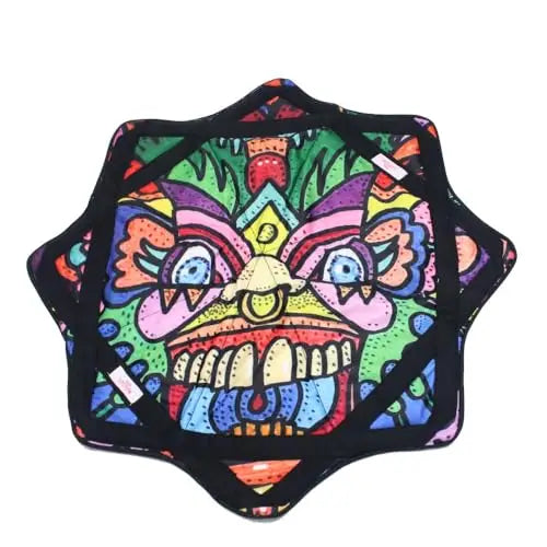 Colorful skull-shaped dog toy with black edges and a vibrant, multicolored design.