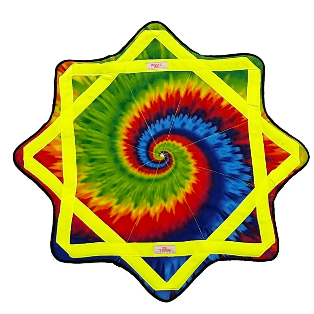 Star-shaped beach towel with vibrant tie-dye pattern and yellow border, likely made of cotton or polyester.