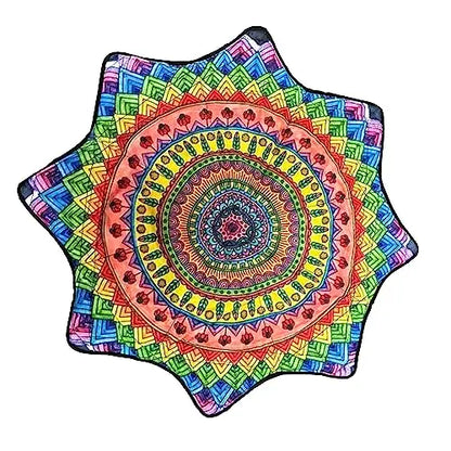 Rainbow mandala beach towel with starburst design, cotton material.