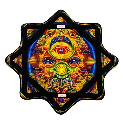 Star-shaped cushion with vibrant psychedelic design, black border and soft fabric.