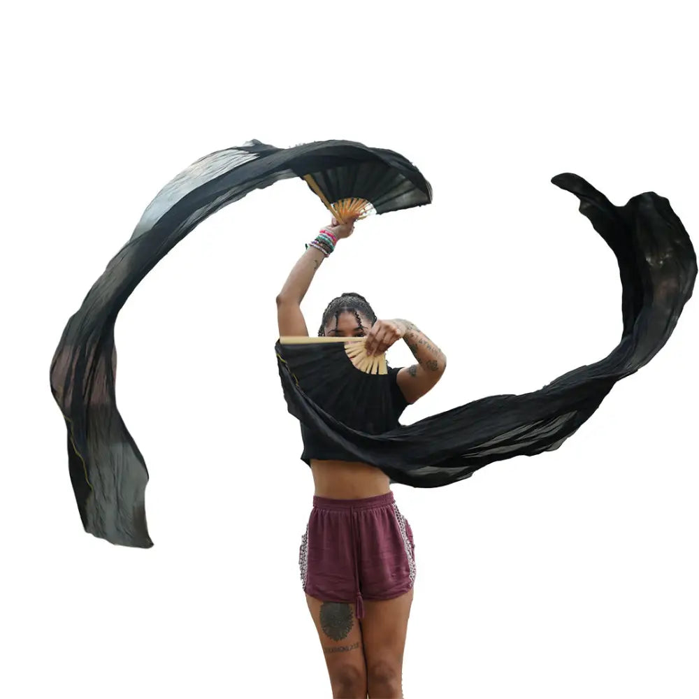 Mougee Silk Fans - for Flow Dance or Festivals - Sturdy Bamboo Handle and Carry Pouch - Black - Flow Toys