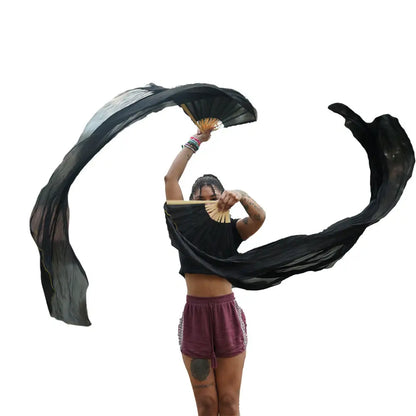 Mougee Silk Fans - for Flow Dance or Festivals - Sturdy Bamboo Handle and Carry Pouch - Black - Flow Toys