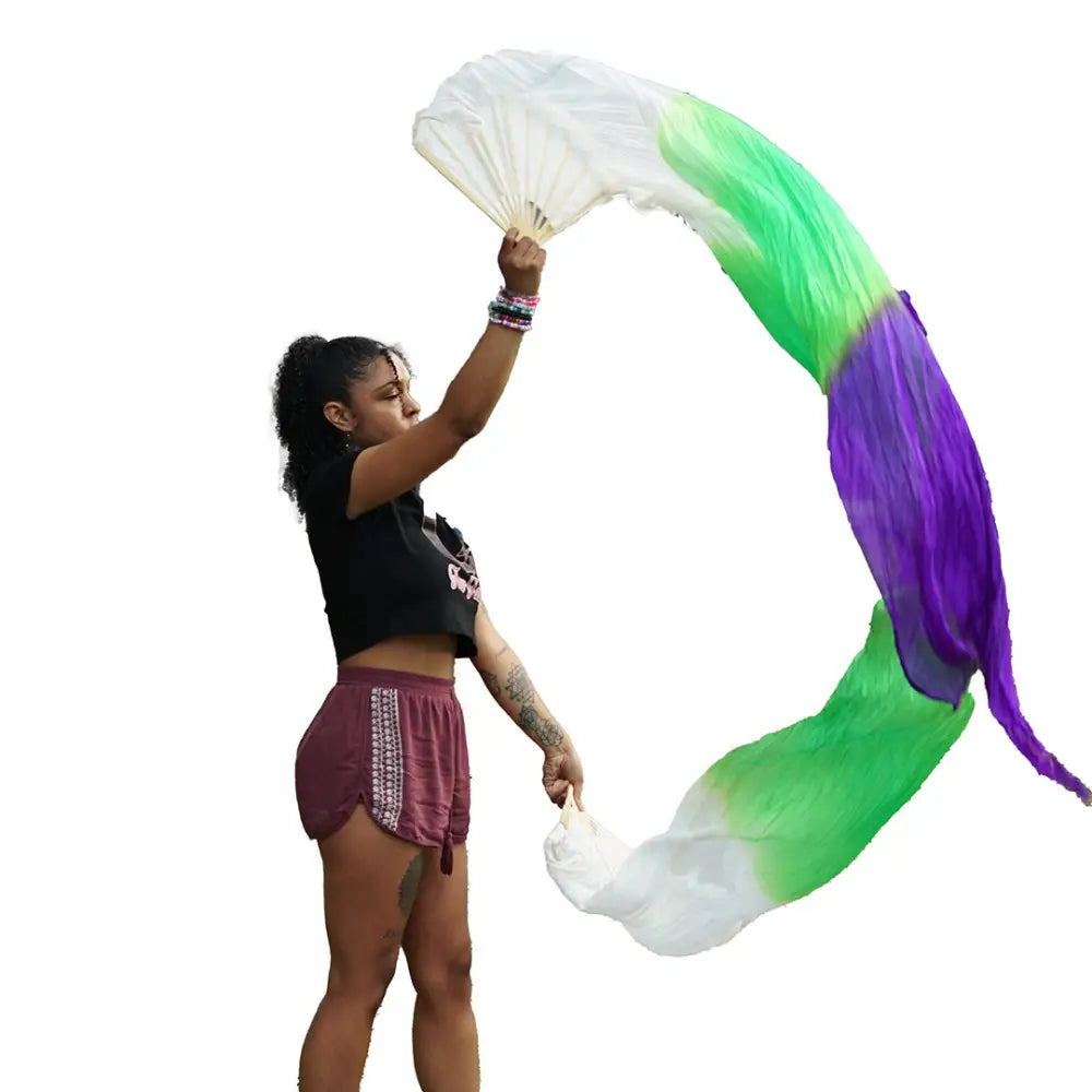 Mougee Silk Fans - for Flow Dance or Festivals - Sturdy Bamboo Handle and Carry Pouch - White Green Purple - Flow Toys