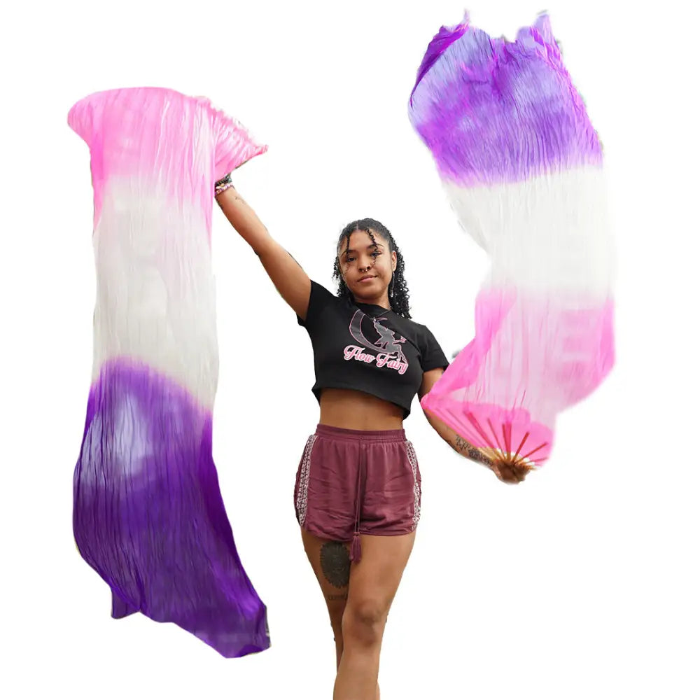 Mougee Silk Fans - for Flow Dance or Festivals - Sturdy Bamboo Handle and Carry Pouch - Pink White Purple - Flow Toys