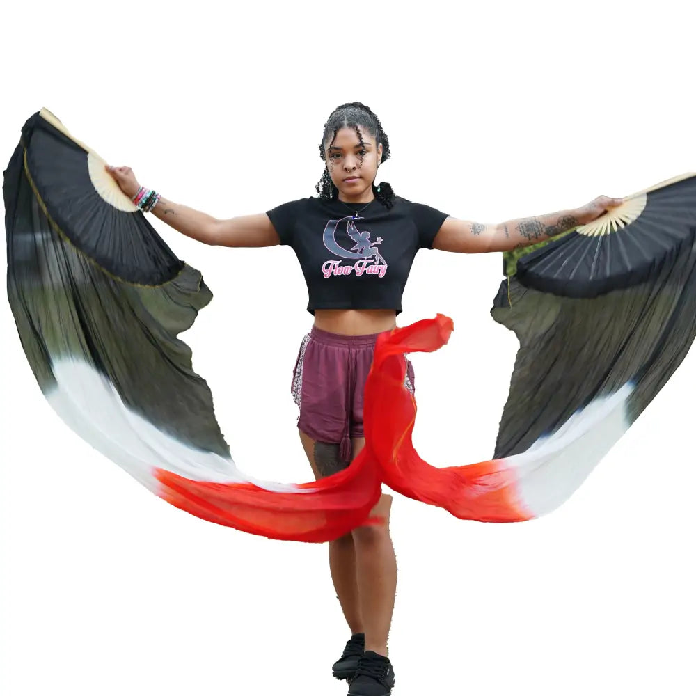 Mougee Silk Fans - for Flow Dance or Festivals - Sturdy Bamboo Handle and Carry Pouch - Black White Red - Flow Toys