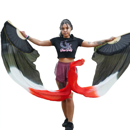 Mougee Silk Fans - for Flow Dance or Festivals - Sturdy Bamboo Handle and Carry Pouch - Black White Red - Flow Toys