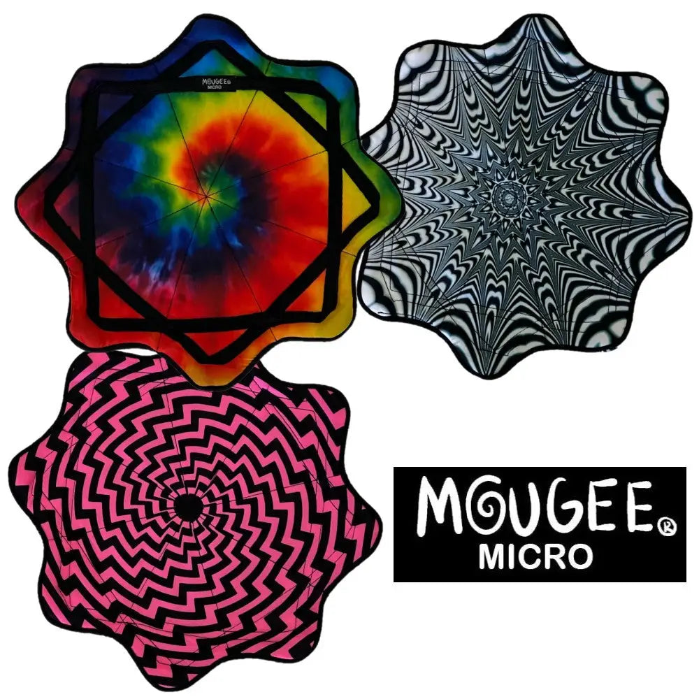 Mouggee micro hexagonal spinner toy with vibrant tie-dye and geometric patterns.