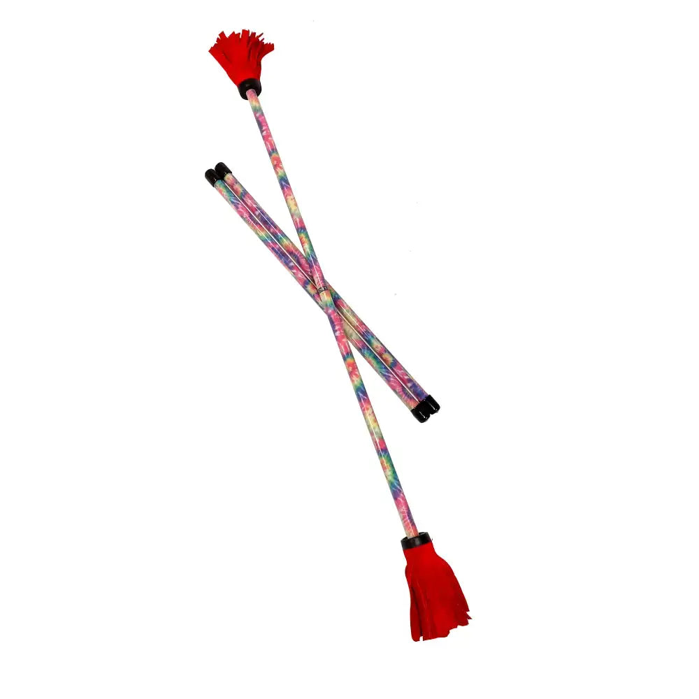 Floral-patterned red tassel drumsticks with black tips and handles.