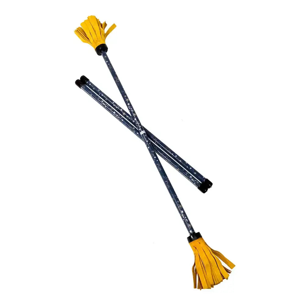 Yellow tassel broomsticks with black handles and silver accents.
