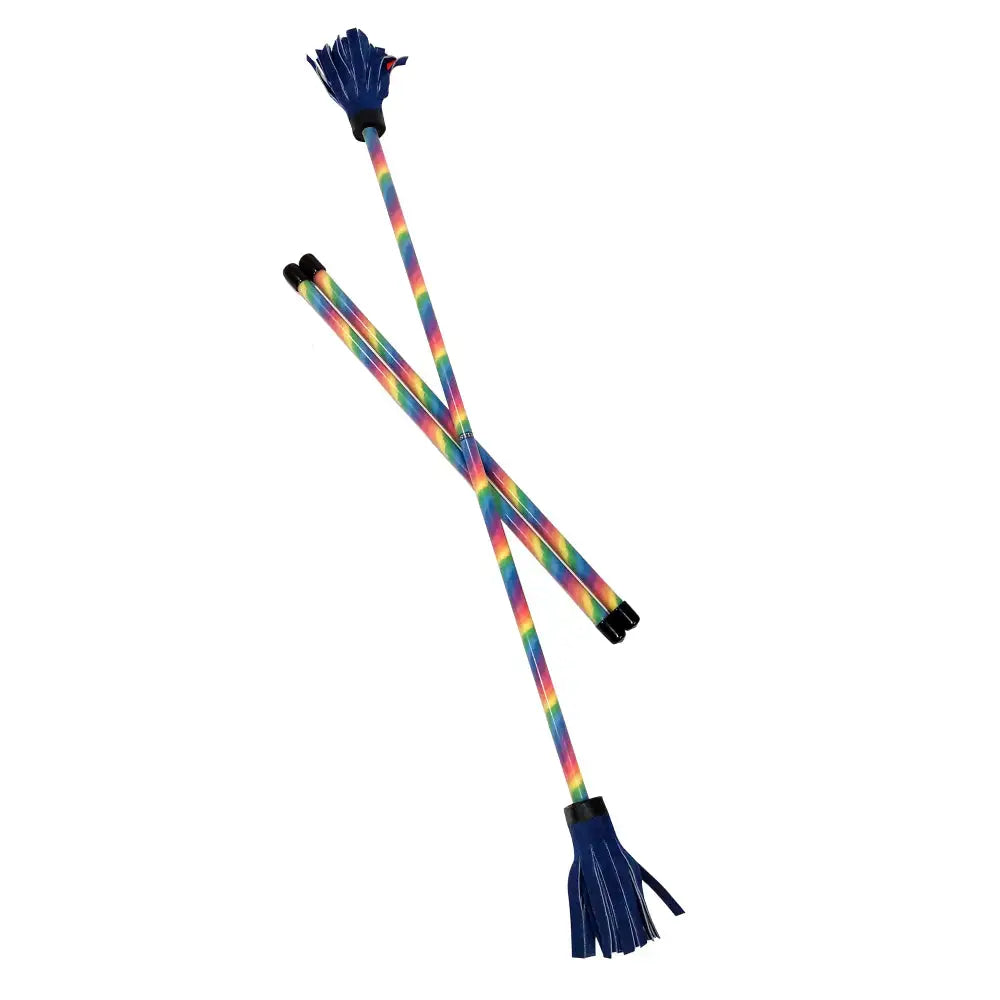 Rainbow-colored tassel necklace with black tips and ends.