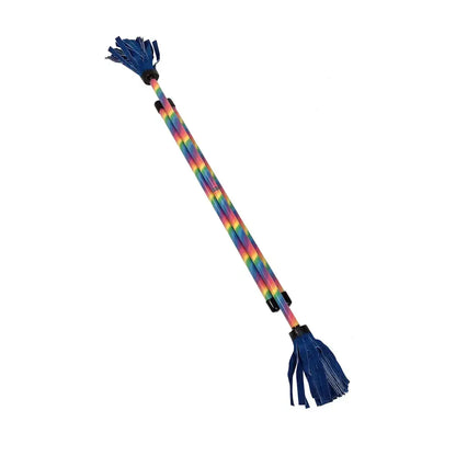 Rainbow-colored braided dog toy with tassels, likely made of synthetic material.