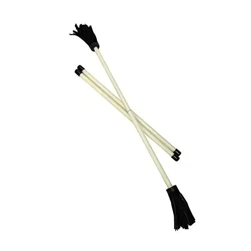 White and black horse riding crop with leather handles.