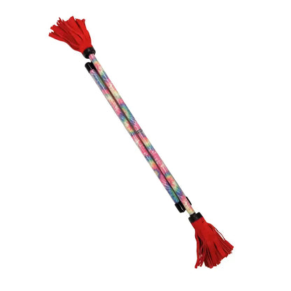 Tie-dye tassel pen with red accents and wooden barrel.
