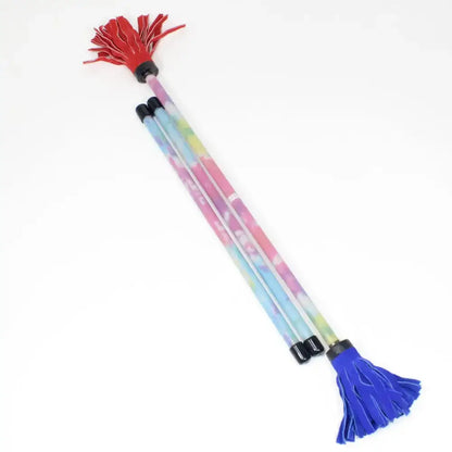 Rainbow-colored tassel pen with black caps and red, purple, blue tassels