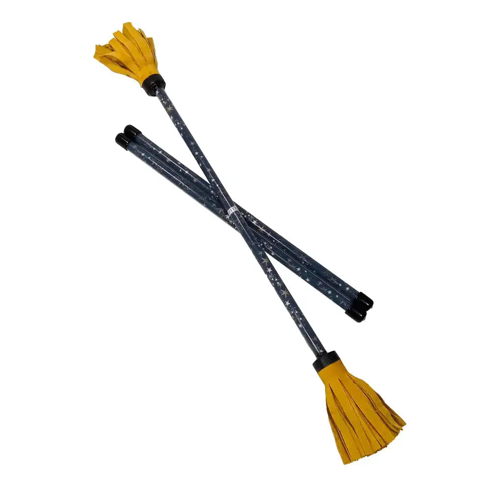Yellow and black retractable broom with textured grip handle.