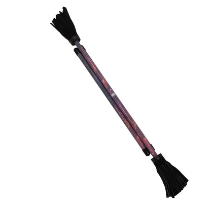 Purple and black patterned telescopic broom with multiple bristles.assistant: purple and black patterned telescopic broom with multiple bristles, suitable for cleaning various surfaces efficiently.