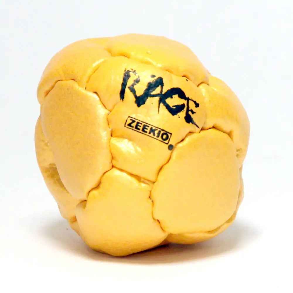 Yellow soccer ball with black ’rage’ text and zeek10 logo.